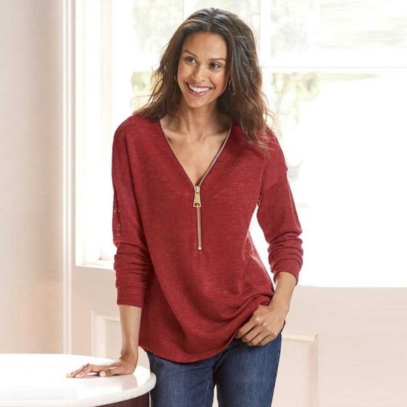 UEC Soft Surroundings Valentina Chunky Golden Zip Sangria Red Thin Sweater SZ M - Picture 1 of 16
